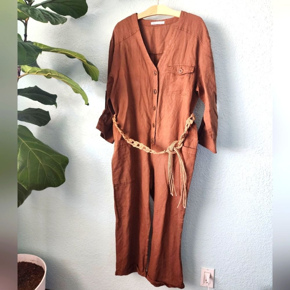 Zara linen cotton blend cropped crochet belt front pockets coastal jumpsuit